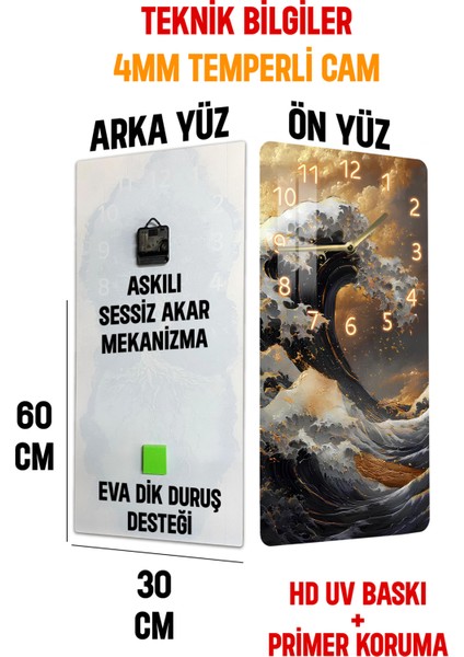 Temperli Cam Tablo Saat –altın Yansımalarla Japon Dalga Temalı Tasarım (30X60 Cm)– Uv Baskı– CUSD112