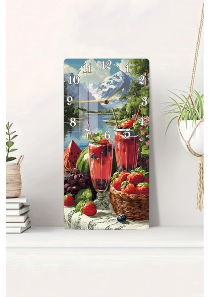Dağ Manzaralı Meyve ve Içecek Temalı Temperli Cam Duvar Saati – 30X60 cm Uv Baskı– CUSD052