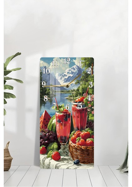 Dağ Manzaralı Meyve ve Içecek Temalı Temperli Cam Duvar Saati – 30X60 cm Uv Baskı– CUSD052 modelleri