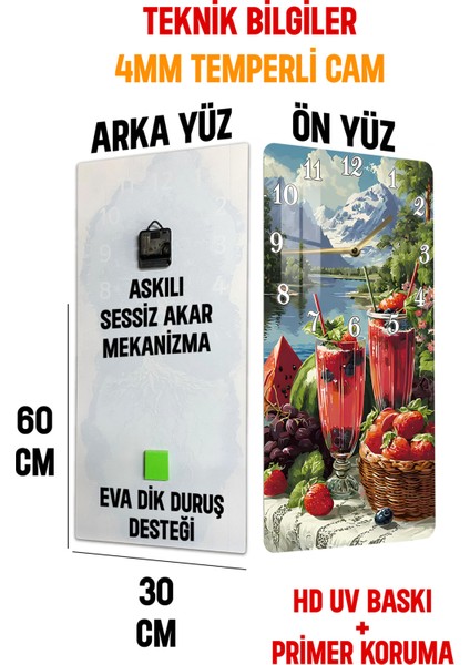 Dağ Manzaralı Meyve ve Içecek Temalı Temperli Cam Duvar Saati – 30X60 cm Uv Baskı– CUSD052