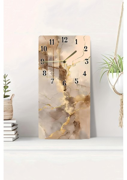 Bej ve Altın Damar Desenli Temperli Cam Tablo Saat – 30×60 cm Hd Uv Baskı– CUSD204