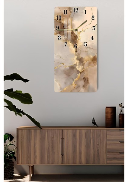Bej ve Altın Damar Desenli Temperli Cam Tablo Saat – 30×60 cm Hd Uv Baskı– CUSD204 fiyatları