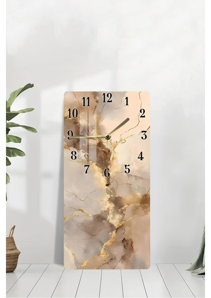 Bej ve Altın Damar Desenli Temperli Cam Tablo Saat – 30×60 cm Hd Uv Baskı– CUSD204 modelleri