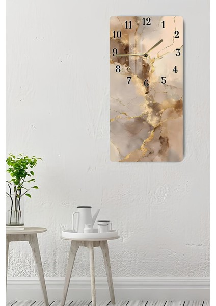 Bej ve Altın Damar Desenli Temperli Cam Tablo Saat – 30×60 cm Hd Uv Baskı– CUSD204 indirimleri