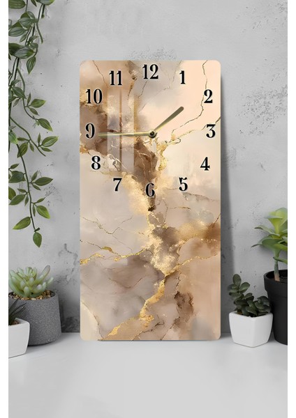 Bej ve Altın Damar Desenli Temperli Cam Tablo Saat – 30×60 cm Hd Uv Baskı– CUSD204