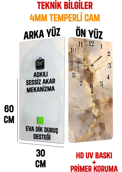 Bej ve Altın Damar Desenli Temperli Cam Tablo Saat – 30×60 cm Hd Uv Baskı– CUSD204