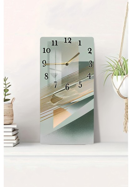 Temperli Cam Tablo Saat – Yeşil ve Altın Çizgili Geometrik Tasarım (33×33 Cm)– Uv Baskı– CUSD104