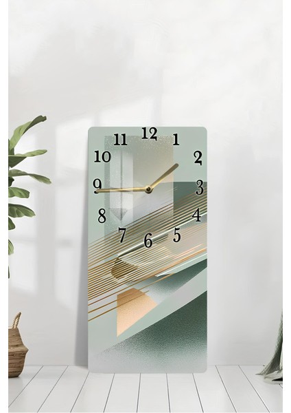 Temperli Cam Tablo Saat – Yeşil ve Altın Çizgili Geometrik Tasarım (33×33 Cm)– Uv Baskı– CUSD104 modelleri
