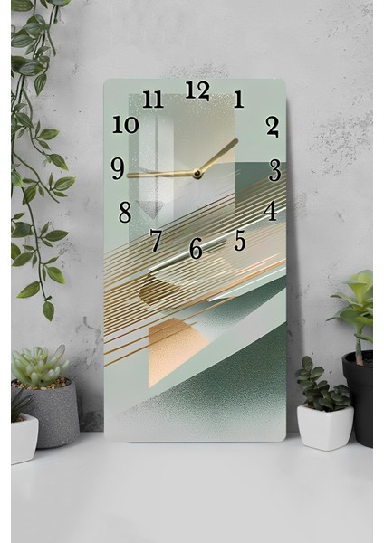 Temperli Cam Tablo Saat – Yeşil ve Altın Çizgili Geometrik Tasarım (33×33 Cm)– Uv Baskı– CUSD104