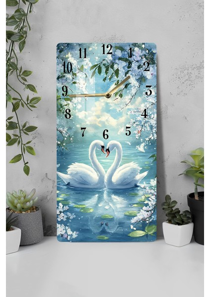 Aşkın ve Zarafetin Simgesi Kuğu Temalı Temperli Cam Tablo Saat – 30X60 cm | Hd Uv Baskı– CUSD154