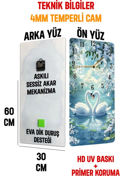 Aşkın ve Zarafetin Simgesi Kuğu Temalı Temperli Cam Tablo Saat – 30X60 cm | Hd Uv Baskı– CUSD154
