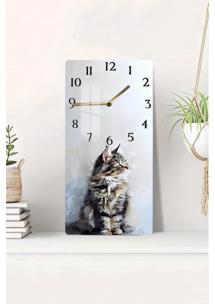 Kedi Temalı Temperli Cam Tablo Saat – 30×60 Cm– Uv Baskı– CUSD137