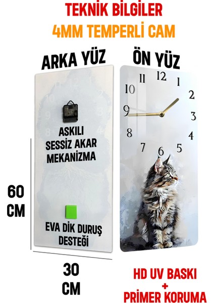 Kedi Temalı Temperli Cam Tablo Saat – 30×60 Cm– Uv Baskı– CUSD137