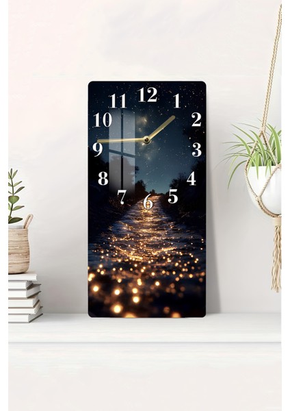 Yıldızlı Gece Işıltılı Yol Temalı Temperli Cam Tablo Saat – 30×60 Cm– Uv Baskı– CUSD144
