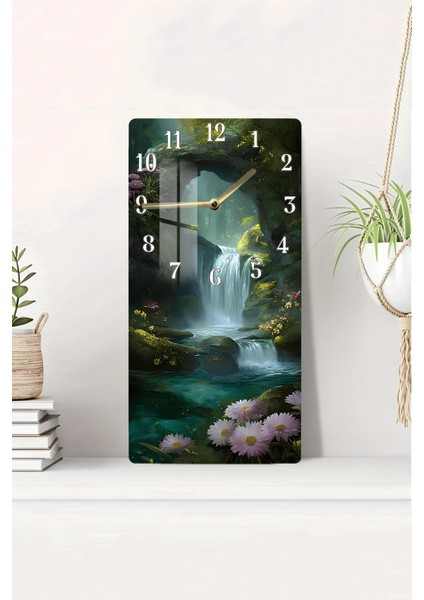 Şelale ve Doğa Manzaralı Temperli Cam Tablo Saat – 30×60 Cm– Uv Baskı– CUSD134
