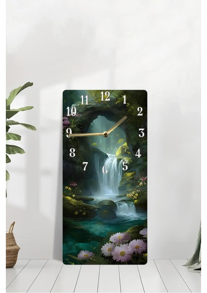 Şelale ve Doğa Manzaralı Temperli Cam Tablo Saat – 30×60 Cm– Uv Baskı– CUSD134 modelleri