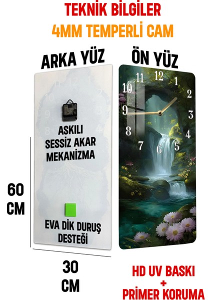 Şelale ve Doğa Manzaralı Temperli Cam Tablo Saat – 30×60 Cm– Uv Baskı– CUSD134