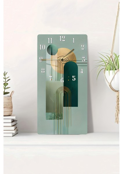 Temperli Cam Tablo Saat – Yeşil & Altın Geometrik Desenli Tasarım (33×33 Cm)– Uv Baskı– CUSD098