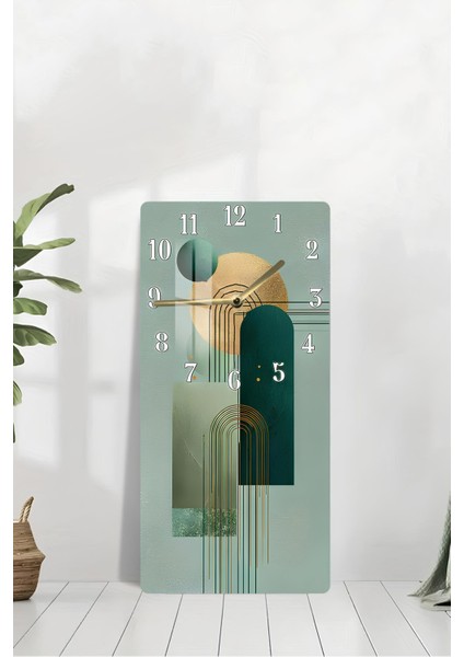Temperli Cam Tablo Saat – Yeşil & Altın Geometrik Desenli Tasarım (33×33 Cm)– Uv Baskı– CUSD098 modelleri