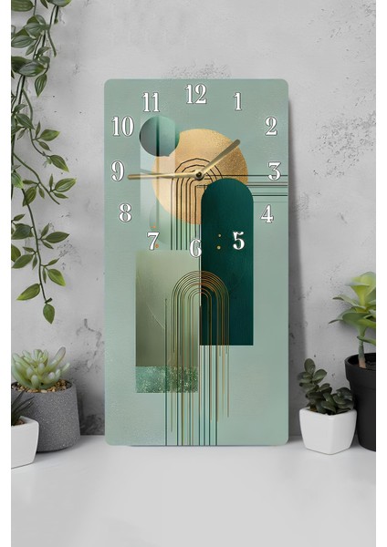 Temperli Cam Tablo Saat – Yeşil & Altın Geometrik Desenli Tasarım (33×33 Cm)– Uv Baskı– CUSD098