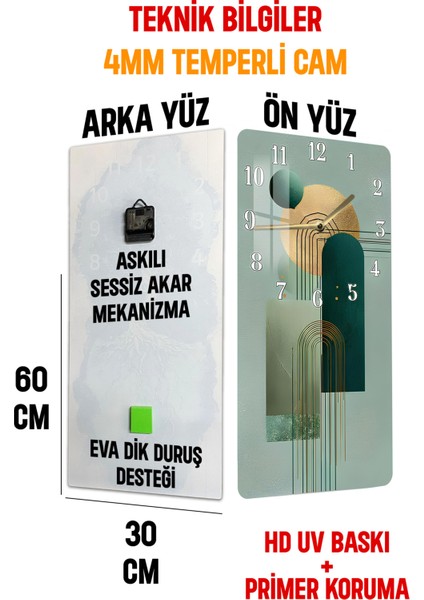 Temperli Cam Tablo Saat – Yeşil & Altın Geometrik Desenli Tasarım (33×33 Cm)– Uv Baskı– CUSD098