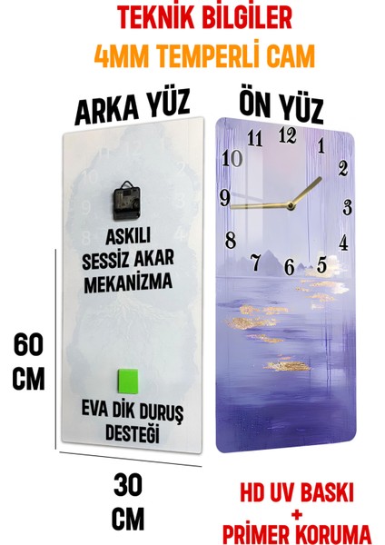 Temperli Cam Tablo Saat – Lavanta Gökyüzü ve Altın Işık Deseni (33×33 Cm) Uv Baskı– CUSD093