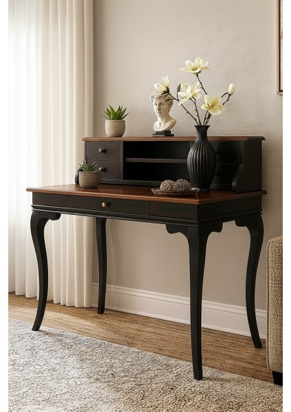 120 cm 5 Çekmeceli Masif Siyah Ceviz Raflı Çalışma Masası