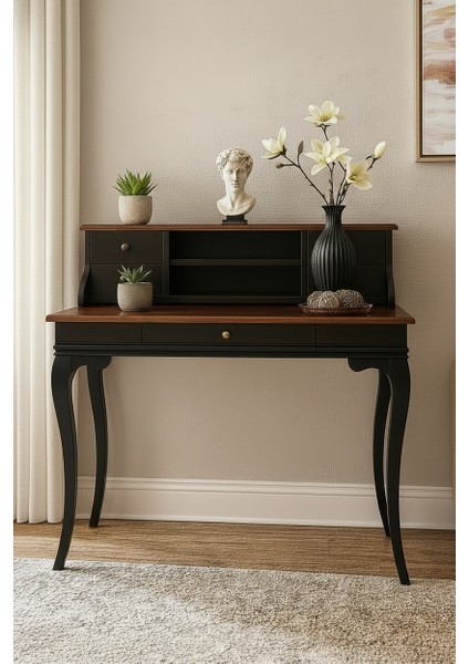 120 cm 5 Çekmeceli Masif Siyah Ceviz Raflı Çalışma Masası fiyatları