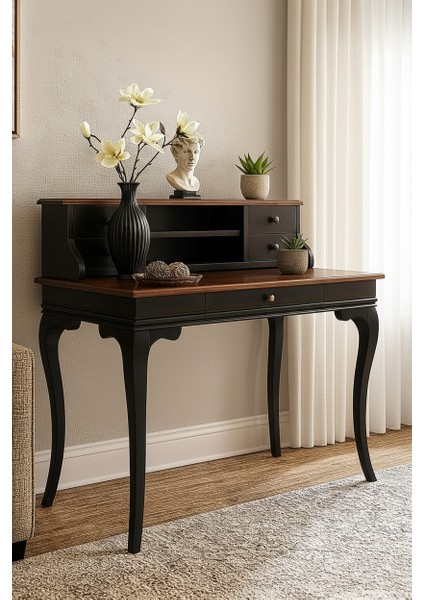 120 cm 5 Çekmeceli Masif Siyah Ceviz Raflı Çalışma Masası modelleri