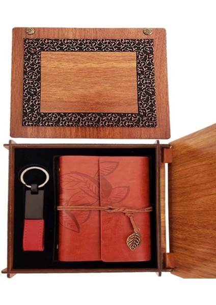 Dekoratif Ahşap Kutulu Kahverengi Deri Defter ve Anahtarlık Set modelleri