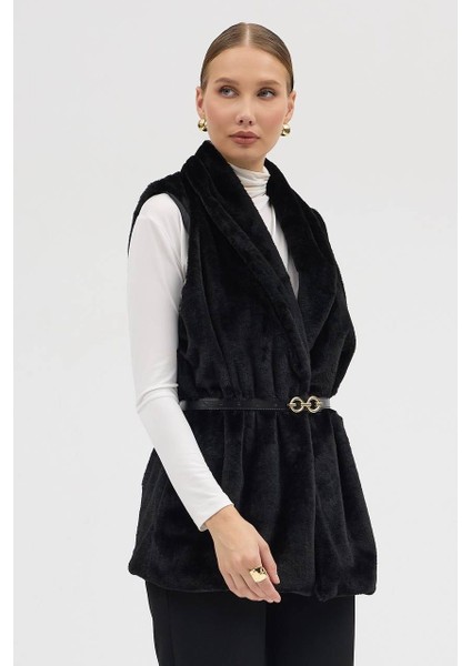 Kadın Suni Dokulu Kemerli Astarlı Yelek