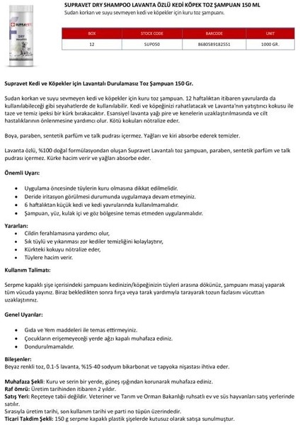 Supravet Dry Shampoo Lavanta Özlü Kedi ve Köpek Toz Şampuan 150 ml modelleri