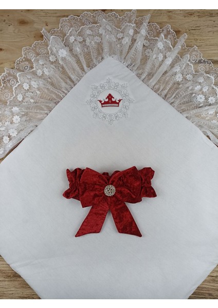 Yenidoğan Saray Kadife Taç Nakışlı Inci Fiyonklu Çift Dantel Duvak Trilüks Kundak Bebek Battaniyesi modelleri