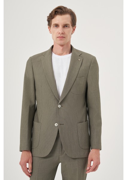 Erkek Çağla Yeşili Poliviskon Trend Çizgili Slim Fit Mono Yaka Takım Elbise
