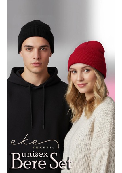 Unisex Katlamalı Siyah,kırmızı 2'li Bere Seti Ekebereseti2liyeni modelleri