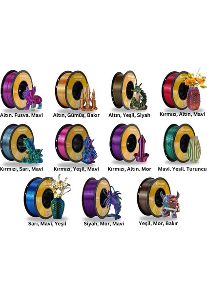 Pla Silk Üç Renk Filament Yeşil-Mor-Bakır 1.75MM 1Kg modelleri