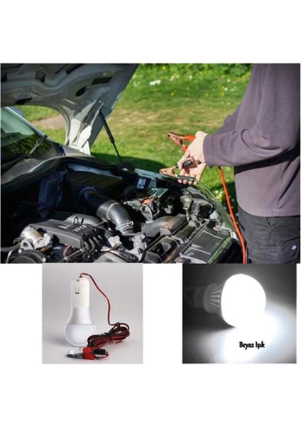 Seyyar Kablolu LED Ampul- Akü Takviye Maşalı 1.8 Metre Kablolu- 12VOLT 5WATT Beyaz LED Ampul