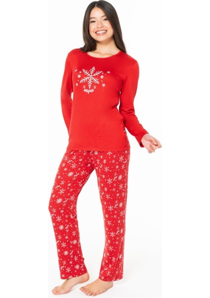 20151 Kadın Kırmızı Yuvarlak Yaka Uzun Kollu Pijama Takımı
