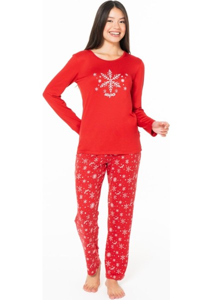 20151 Kadın Kırmızı Yuvarlak Yaka Uzun Kollu Pijama Takımı fiyatları