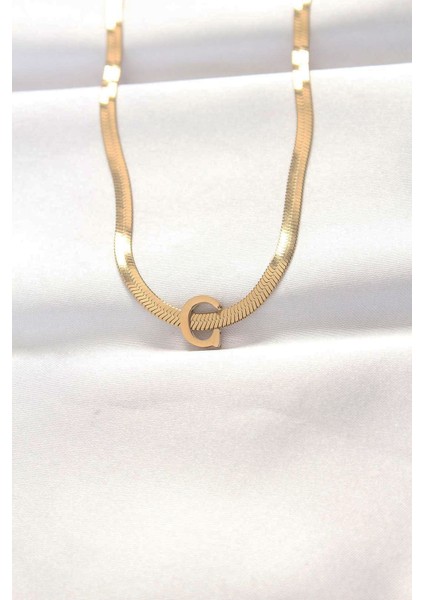 316L Çelik C Harfli Gold Renk Italyan Zincirli Kolye