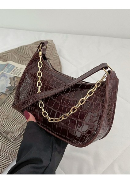 Şık Timsah Kabartmalı Zincir Koltuk Altı Omuz Çantası