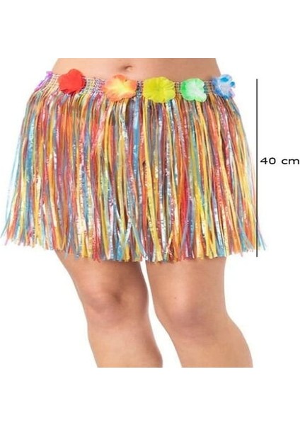 Yetişkin ve Çocuk Uyumlu Rengarenk Püsküllü Hawaii Luau Hula Etek 40 cm