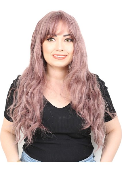 Perçemli Uzun Su Dalgası Fiber Sentetik Peruk/ Gül Kurusu