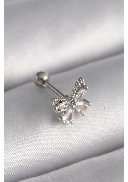 316L Çelik Gümüş Renk Zirkon Taşlı Kelebek Tragus Piercing