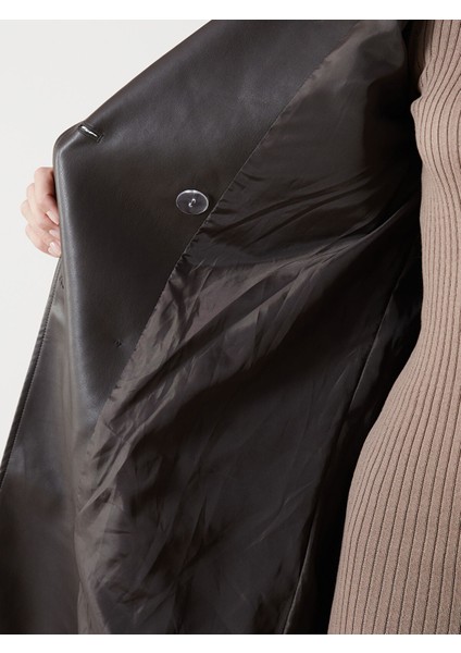 Yeni Sezon Ceket Yaka Kadın Deri Görünümlü Trençkot fırsatları