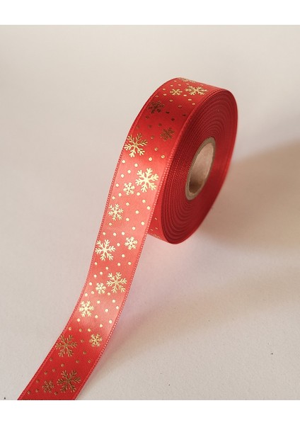 Yılbaşı Temalı Saten Kurdele, Altın Varak Kar Desenli Hediye Paketleme Şeridi, Kırmızı, 2.5cm x 20M fiyatları