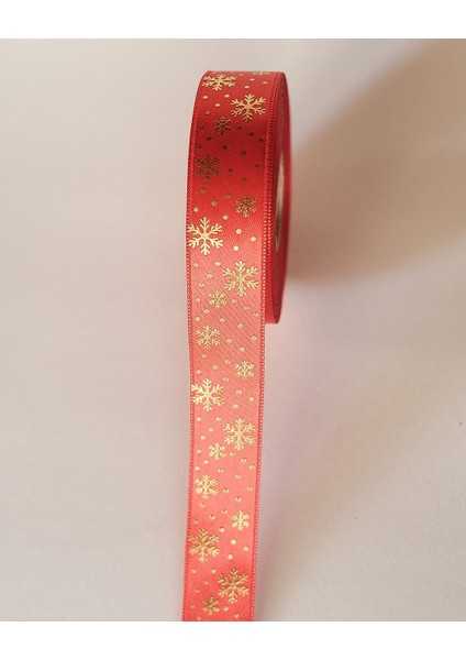 Yılbaşı Temalı Saten Kurdele, Altın Varak Kar Desenli Hediye Paketleme Şeridi, Kırmızı, 2.5cm x 20M modelleri