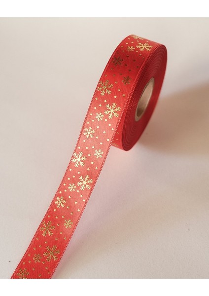 Yılbaşı Temalı Saten Kurdele, Altın Varak Kar Desenli Hediye Paketleme Şeridi, Kırmızı, 2.5cm x 20M fırsatları