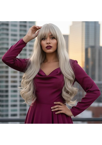 Kahküllü Uzun Dalgalı Fiber Sentetik Peruk / Balköpüğü / Platin Röfleli
