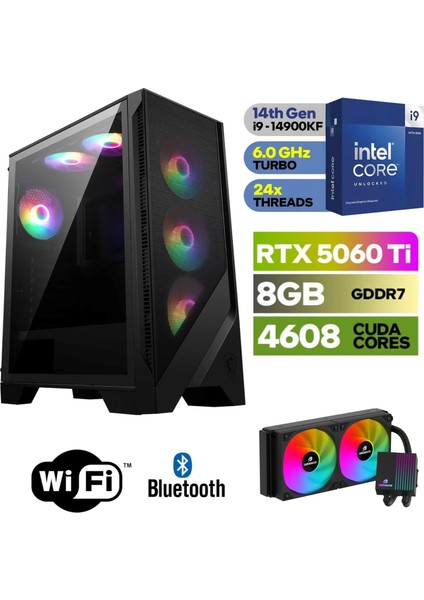 Şafak-Gaming Pc Ddr5-Rtx 5060Tİ 8gb -Intel I9 14900KF – 64 GB Ddr5 Ram – 1 Tb M.2 SSD 5000 4000 – 240MM Sıvı Sogutma -Windows 11 Pro